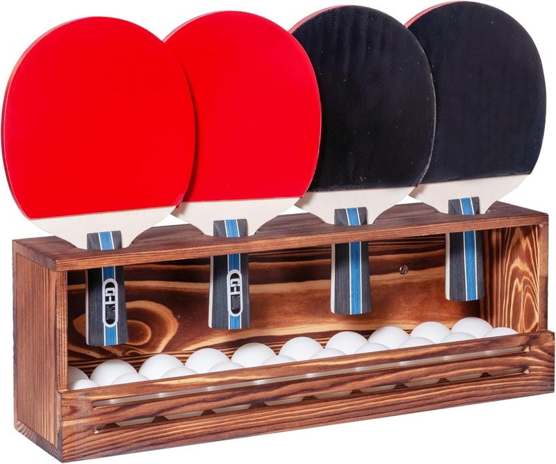 humberboat Ping Pong Paddle Storage Rack, Wall-Mount Table Tennis Paddle Display Holder for 4 Paddles and Ball Storage Shelf, Pine-Wood Ping Pong Rack for Game Room, Bar, Garage, Office, Home - Image 1